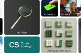 Collage som illustrerar innehållsstrategielement, inklusive en publiceringsplan, förstoringsglas för SEO-boost, neon-"hej" för tonfall, tillgänglighetssymbol, konverteringsknapp, bitar som representerar informationsarkitektur och en rensningsikon, tillsammans med individer som prioriterar uppgifter.