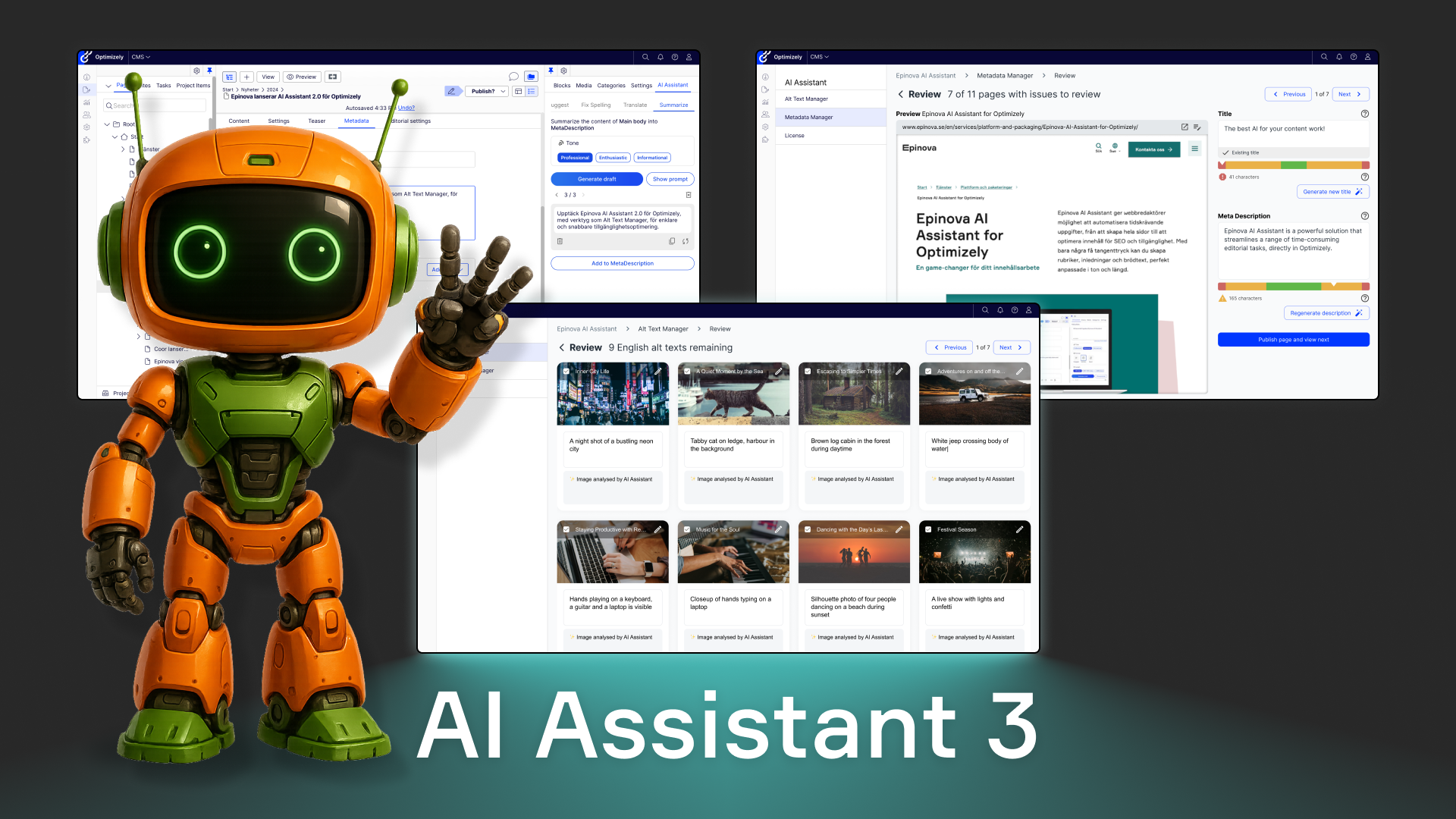 En skärmbild från redaktörsläget med en liten robot vid sidan