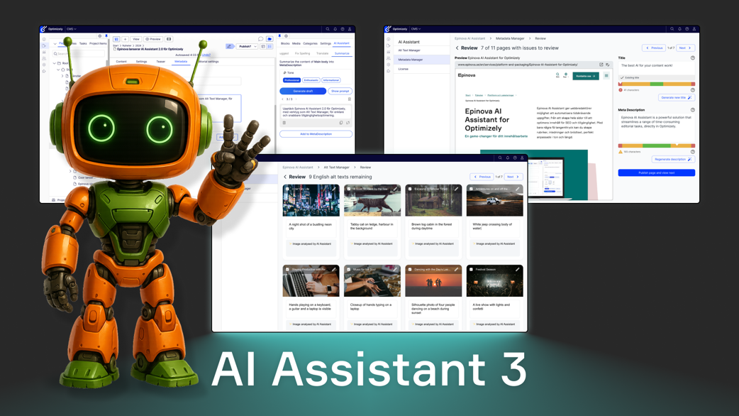 En skärmbild från redaktörsläget med en liten robot vid sidan
