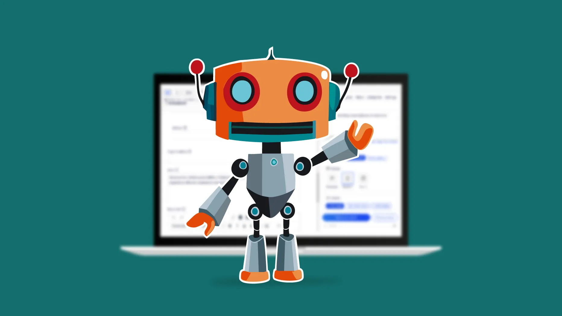 Illustration med en liten robot som står framför en laptop