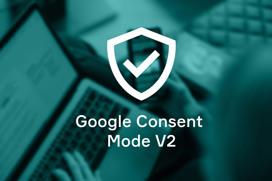 Green illustration with a laptop in the background and the text google consent mode v2