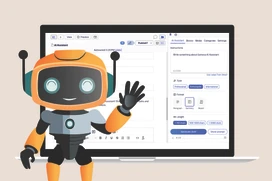 Illustration med en liten robot framför en datorskärm