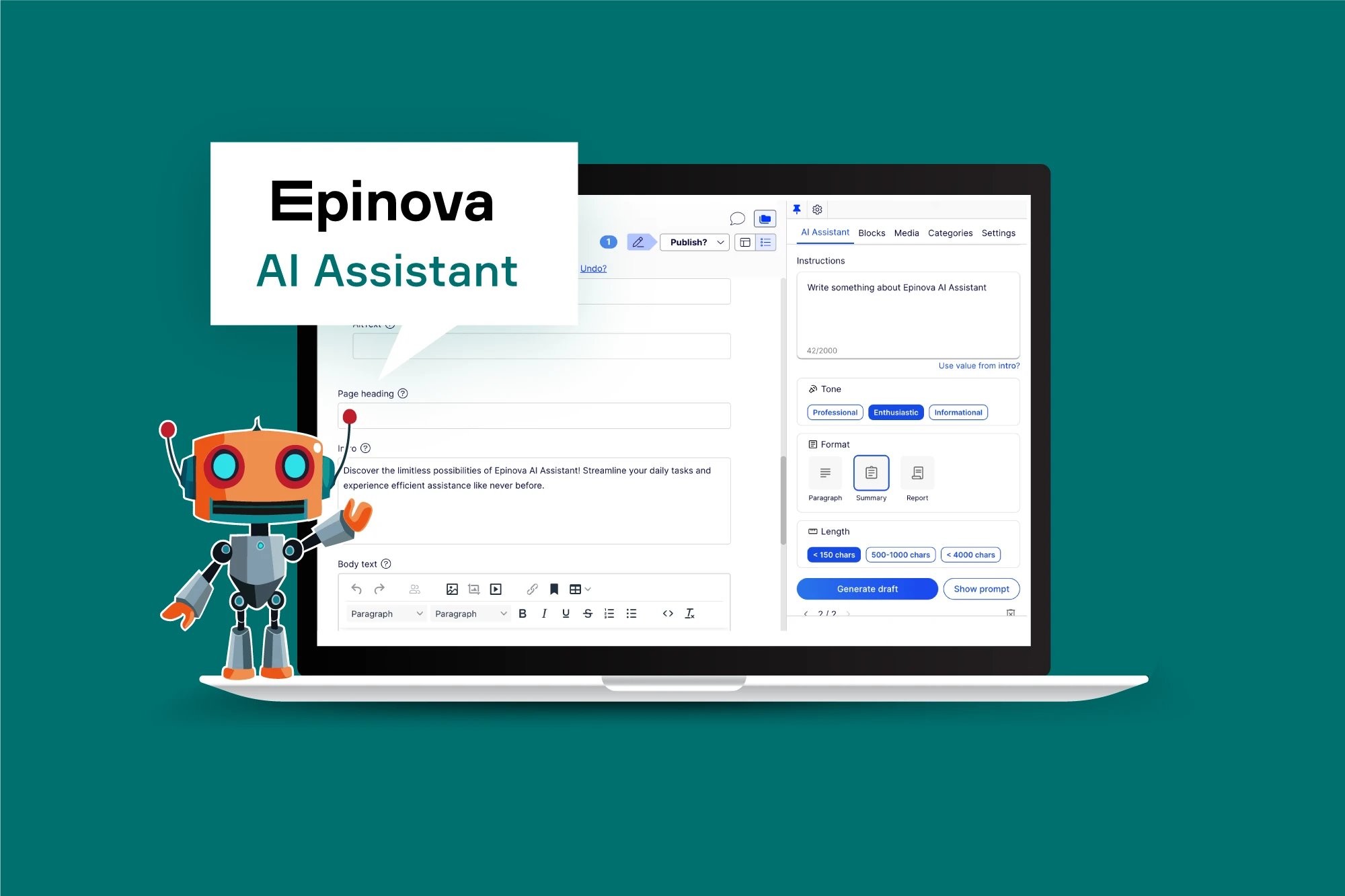 Illustration en liten ritad robot bredvid en laptopskärm