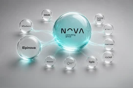 Transparenta glaskulor med Nova Consulting Group i centrum, omgiven av anslutna varumärkeslogotyper i en modern digital nätverksillustration.