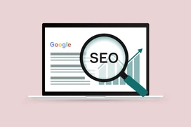 SEO och Google-sökning med förstorningsglas och datorteknik