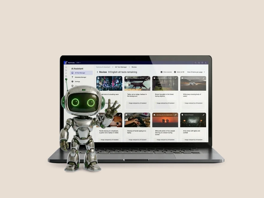 Robot mascot standing beside a laptop displaying AI software interface on a light background.