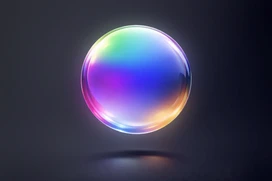 Glansig, flerfärgad klot med reflekterande yta på mörk bakgrund.