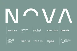 Grafisk logotyp för NOVA på grön bakgrund, med flera mindre varumärkeslogotyper och namn under.