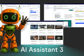 Illustration of a friendly robot character labeled as 'Epinova AI Assistant' next to a laptop screen displaying an AI content generation interface.