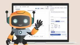 Illustration med en liten robot framför en datorskärm