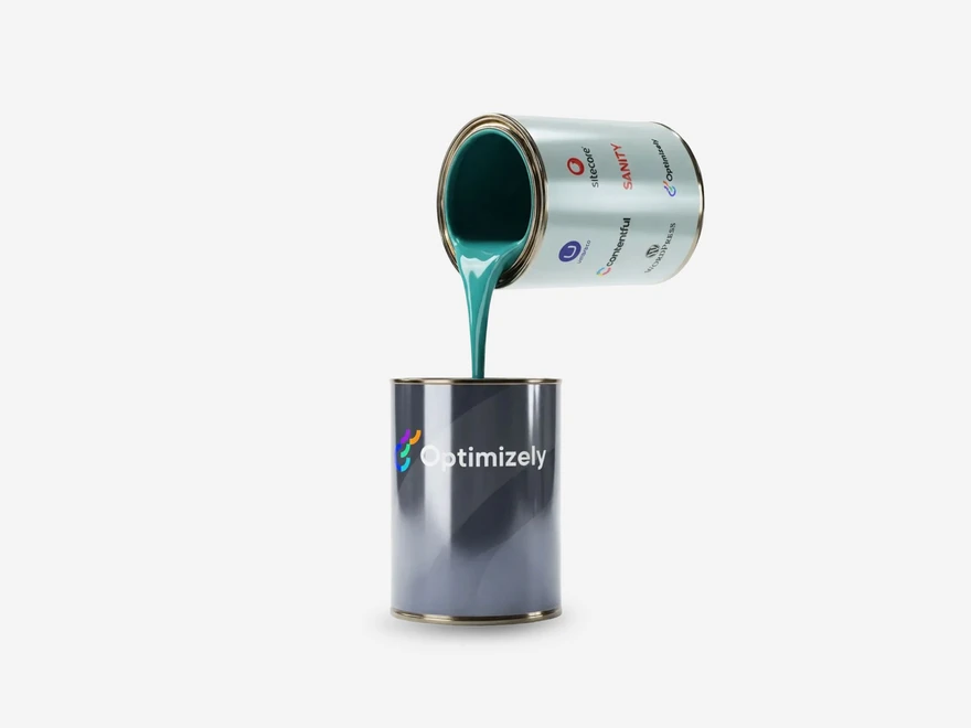 Paint can labeled "Optimizely" being filled with teal paint from a branded can featuring various company logos.