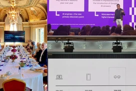 Persons sitting round a dinner table in a golden room, and person presenting purple slides