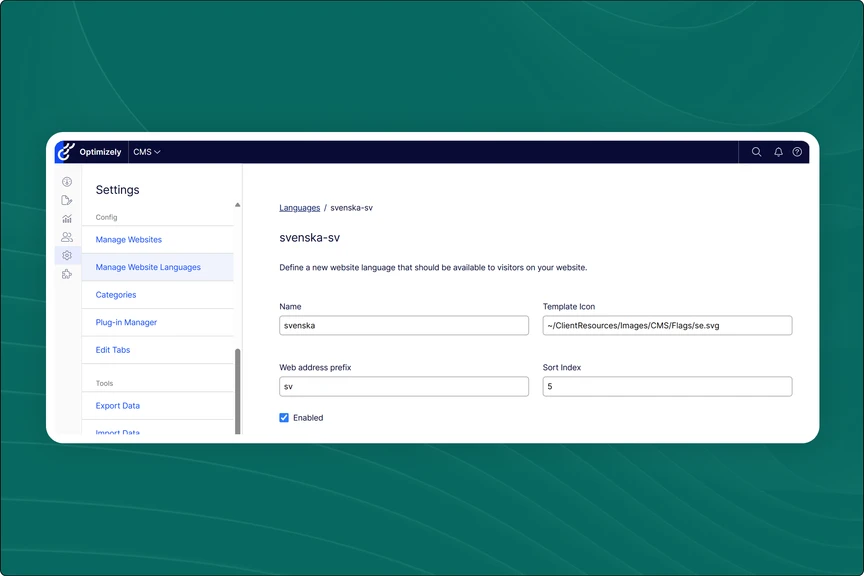 Screenshot of admin area