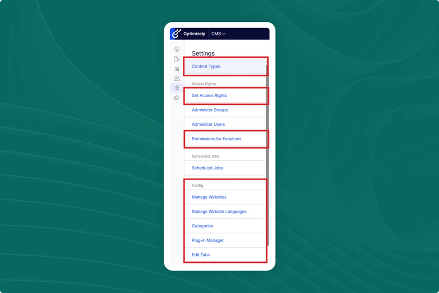 Screenshot of admin area