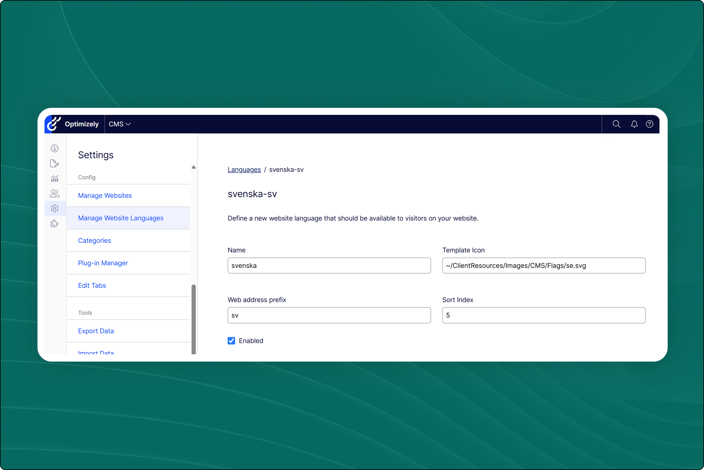 Screenshot of admin area