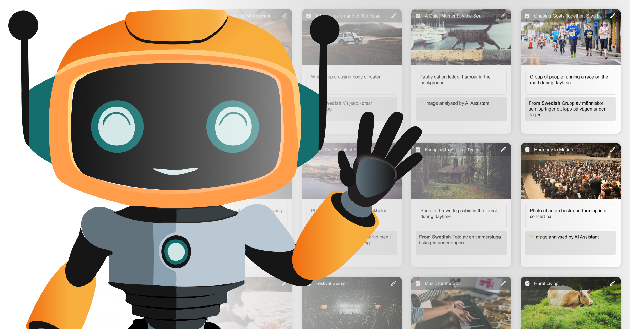 Illustration av en liten robot som står framför rader av bilder