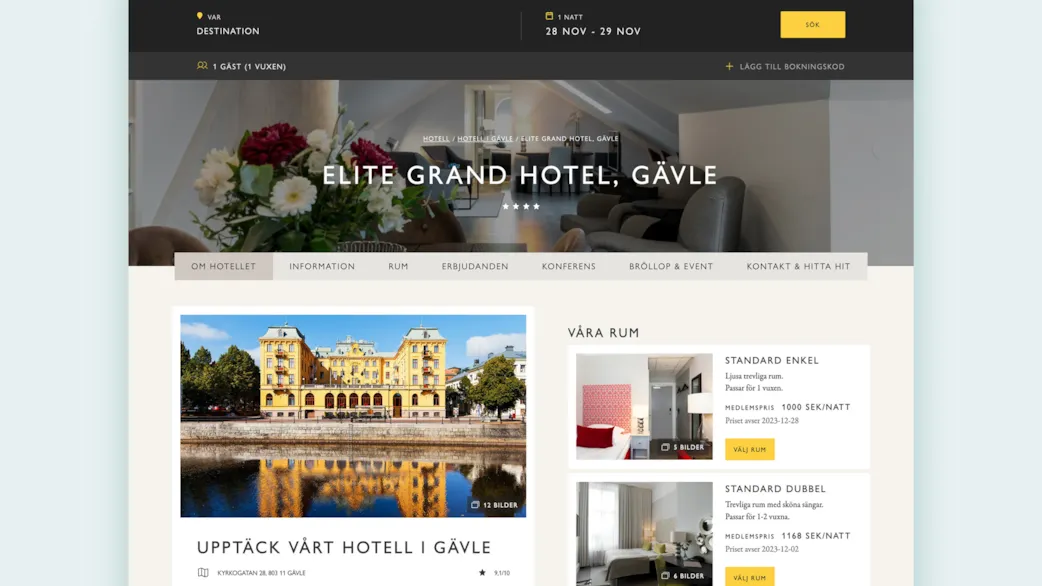 Skärmbild av Elite hotels nya webbplats med olika paketerbjudanden