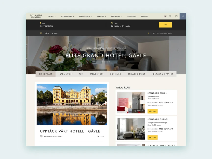 sk&auml;rmdump som visar Grand hotell i G&auml;vles byggnad utifr&aring;n och med exempel p&aring; rum i mindre bilder